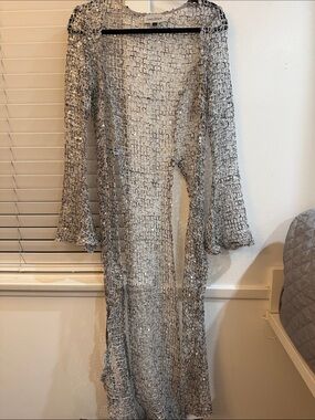 Sheer Sequined Long Open Cardigan / Duster - Silver